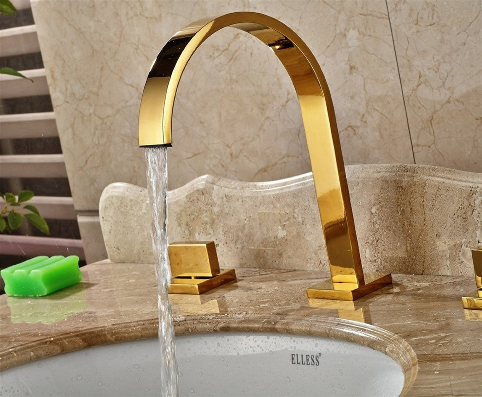 Chile Gold Long Neck Dual Handle Deck Mount Bathroom Sink Faucet