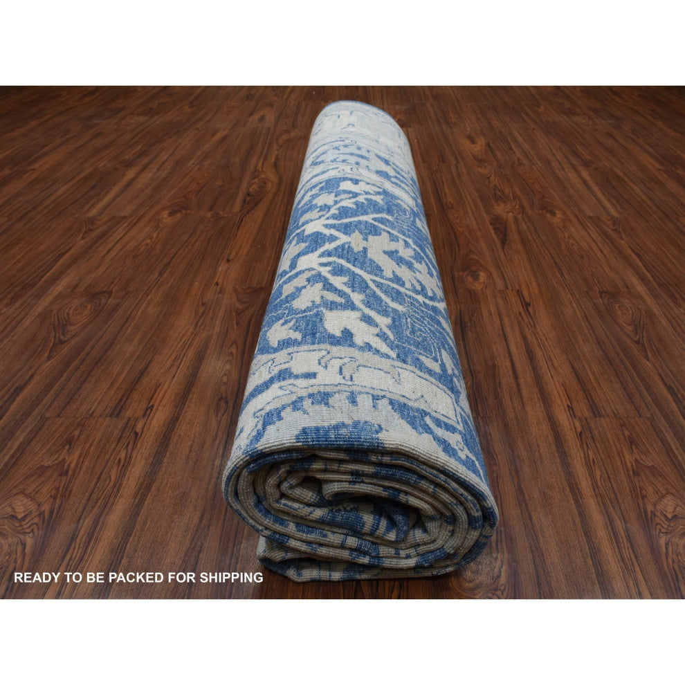 Denim Blue, Soft Wool Hand Knotted White Wash Peshawar, Rug, 9'8"x13'5"