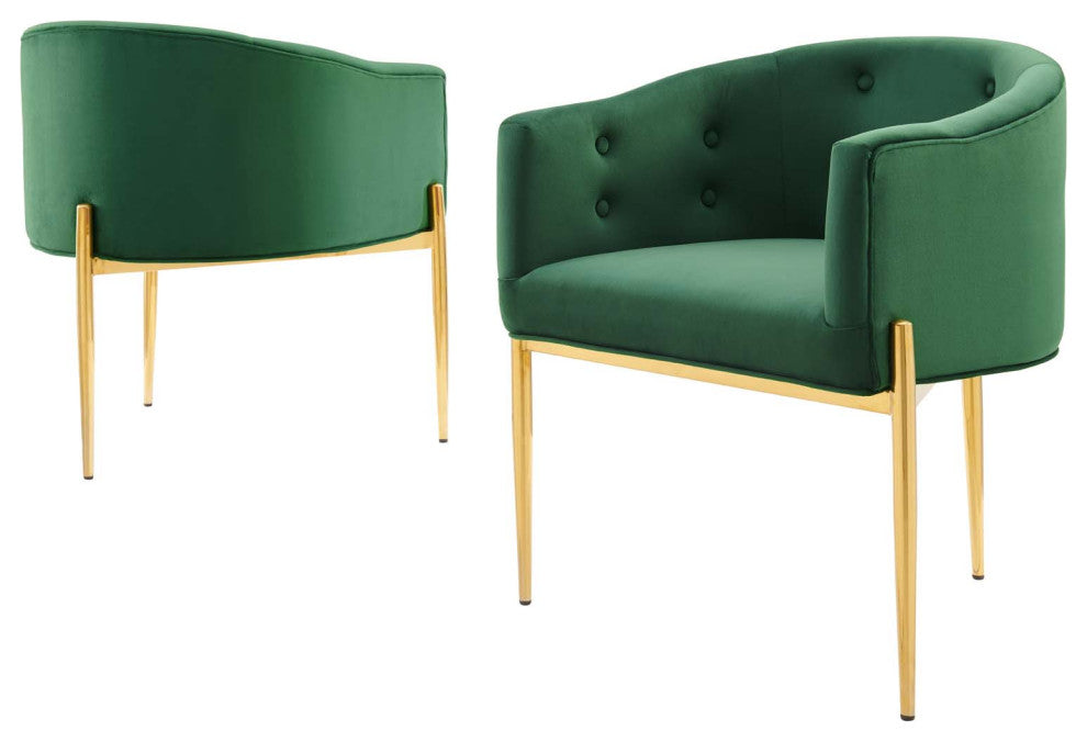 Tufted Accent Chair, Set of 2, Velvet, Metal, Green, Modern, Lounge Hospitality