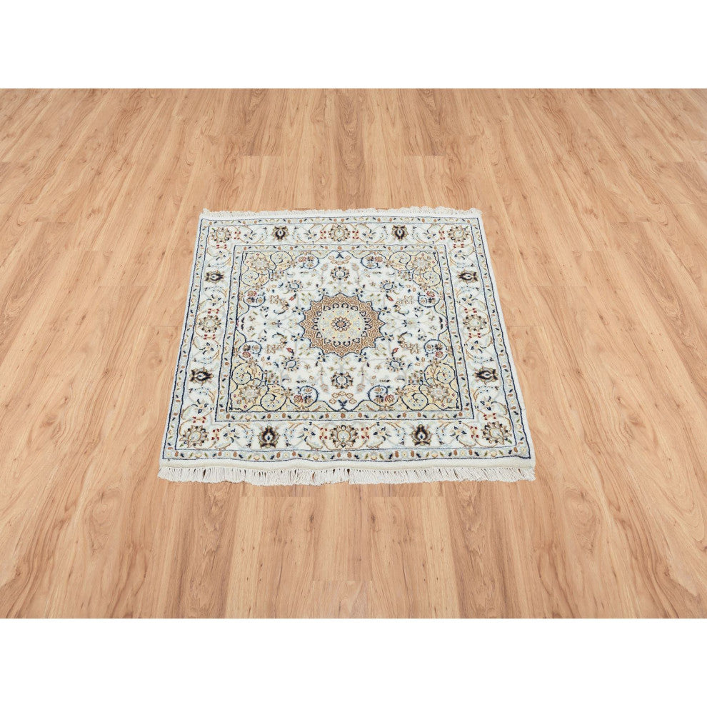 Ivory 250 KPSI Nain Flower Design Wool and Silk Hand Knotted Rug, 3'0"x3'1"