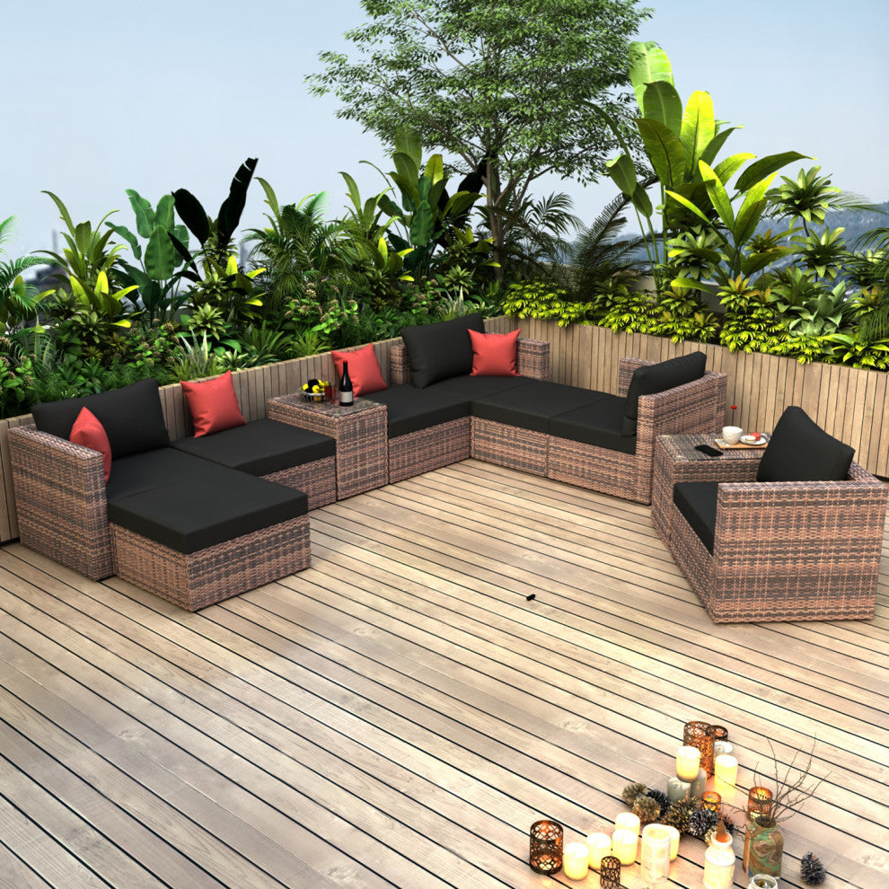 10-Pieces Wide Outdoor Wicker Reversible Patio Sectional With Cushions