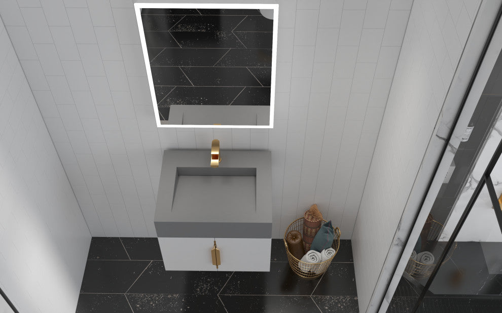 CastelloUSA Nile 24" Wall Mounted Bathroom Vanity Set, White, Gray Top, Gold Handles