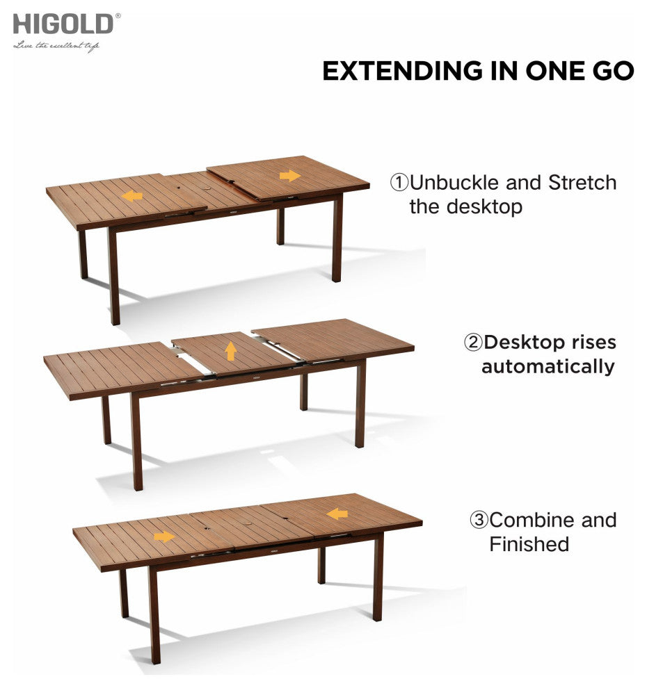 HIGOLD Carlo 8+1 Pieces Extendable Aluminum Outdoor Dining Set, Wood Color