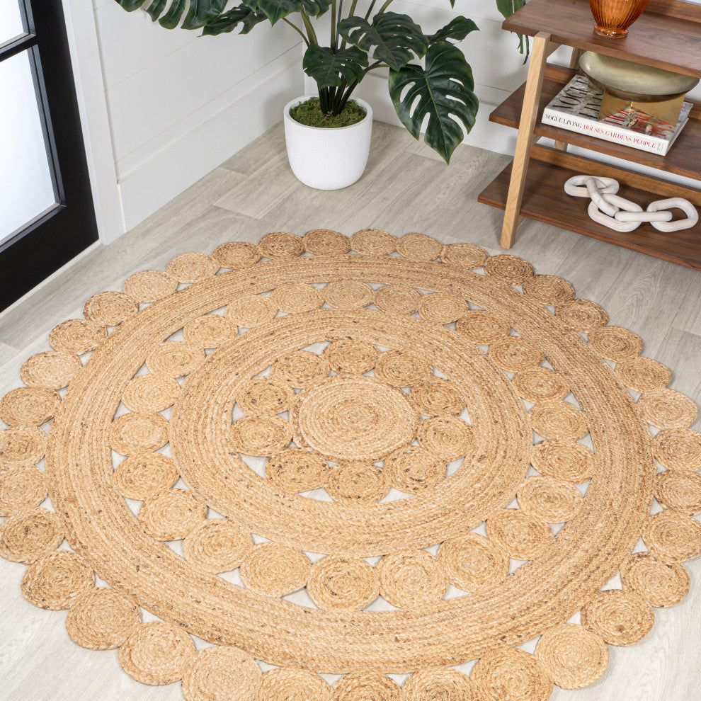 Daisy Hippy Jute Medallion Circle Natural Round Area Rug, 4' Round