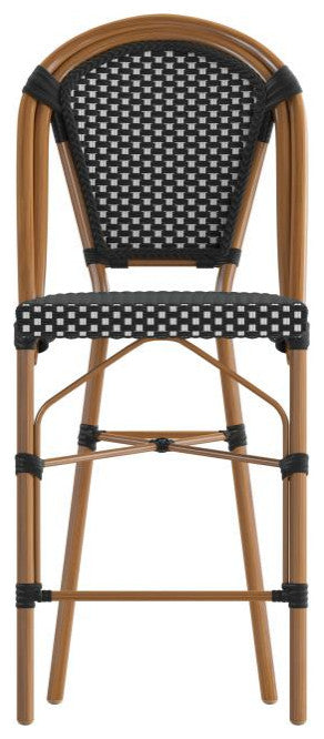 Set of 2 Stackable Indoor/Outdoor French Bistro 26" High Bar Stools, Black & White/Natural Frame