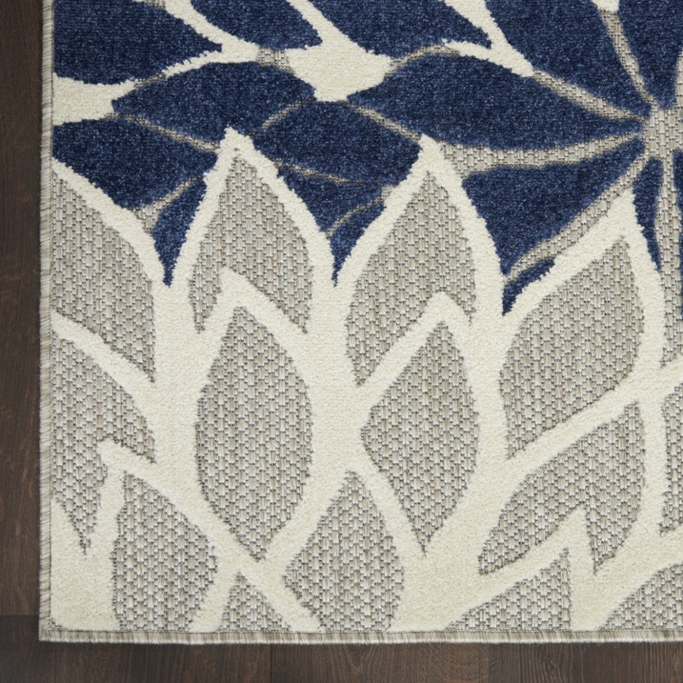 8 x 11 Ivory and Navy Indoor Outdoor Area Rug