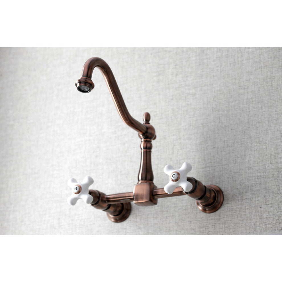 KS124PXAC Heritage Wall Mount Bridge Kitchen Faucet, Antique Copper