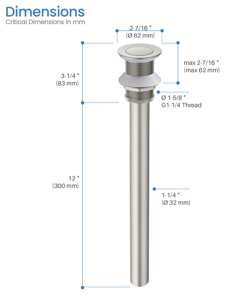 Bathroom Sink Pop Up Drain Stopper, 12" Tailpiece Without Overflow, Brushed Nickel