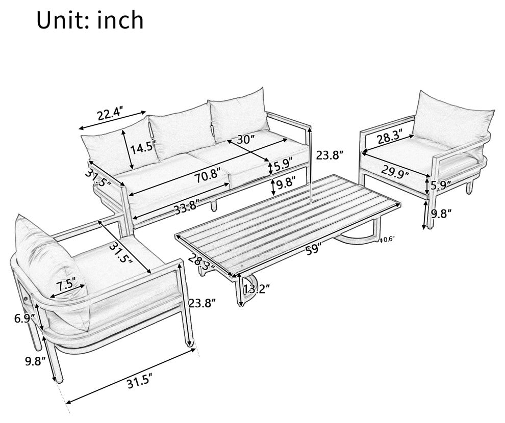 4-Piece Outdoor  Steel Patio Sectional with Table and Cushions, Beige