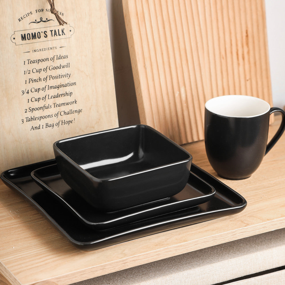 Stone Lain Amy Porcelain Plates and Bowls Sets, 24 Piece Dinnerware Set, Black