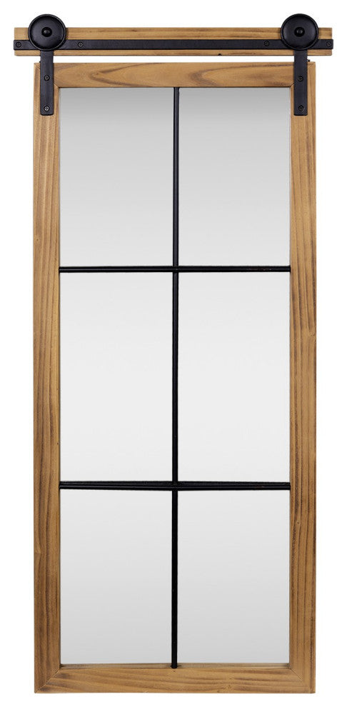 Farmhouse Style Brown Wooden Window Pane Wall Mirror