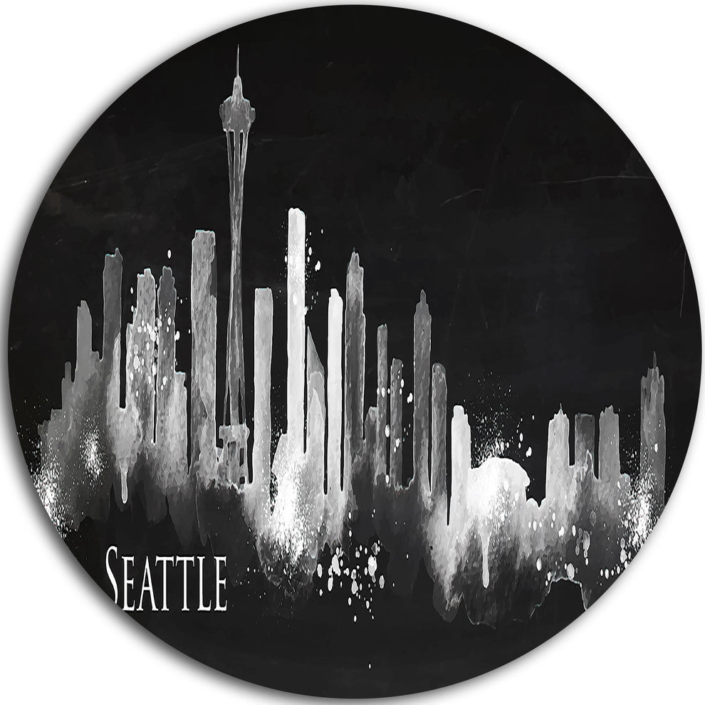 Seattle Dark Silhouette, Cityscape Painting Round Wall Art, 11"