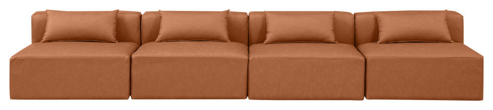Cube Upholstered Modular Sofa, Cognac, 4-Piece: 4 Armless Chair, Vegan Leather