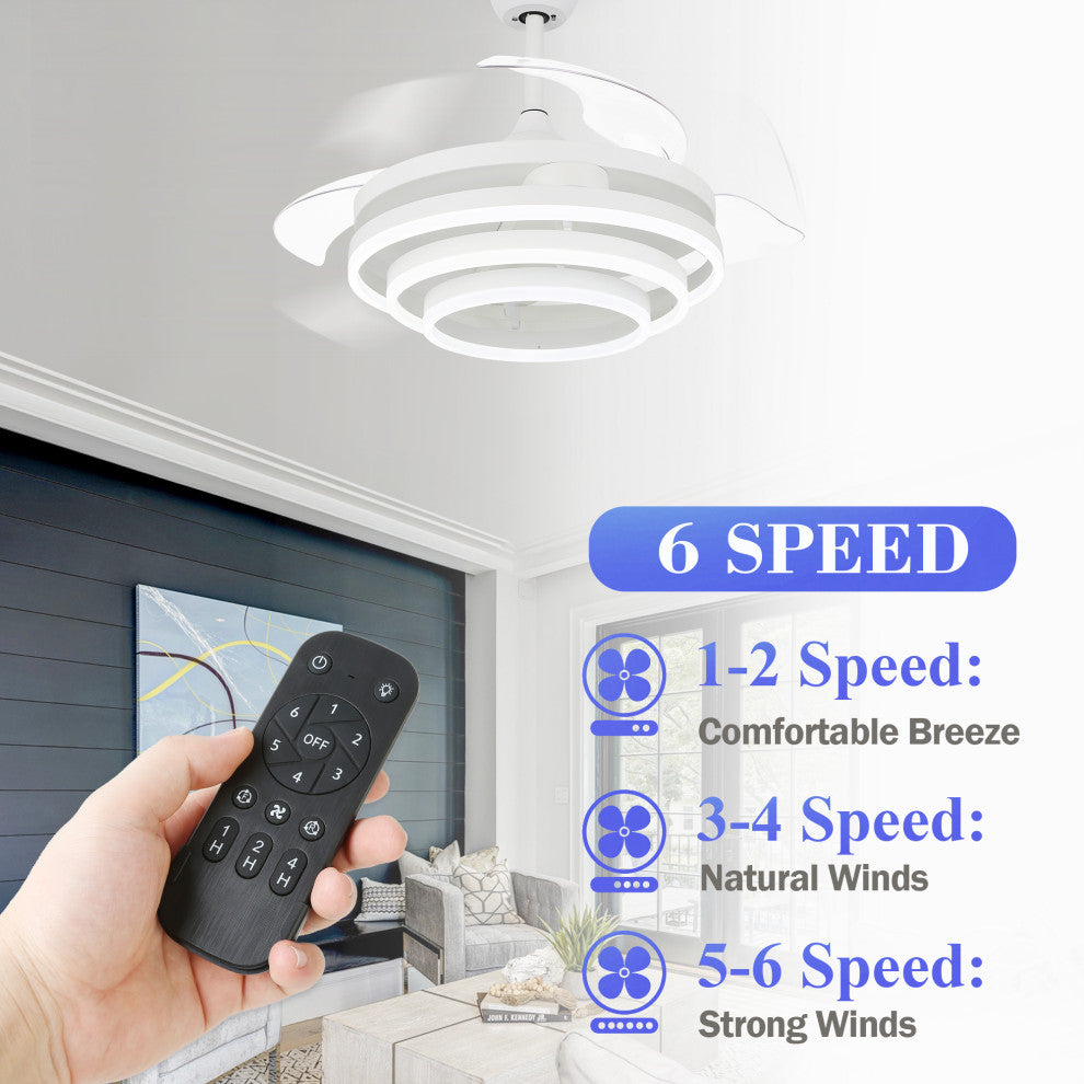 45W Modern Retractable Ceiling Fan Reversible 6-Speed with Remote Control, White, 42