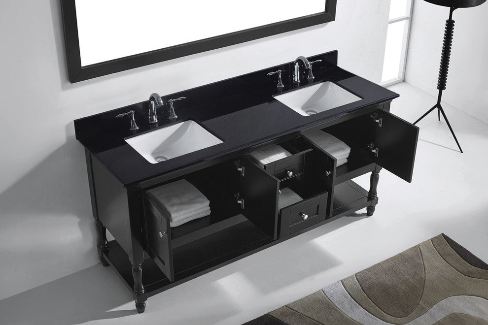 Virtu Julianna 72" Double Bathroom Vanity, Espresso With Faucet and Mirror