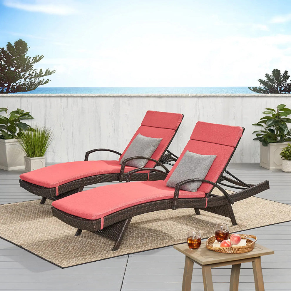 2 Pack Patio Chaise Lounges with Curved Wicker Frame and Red Cushions