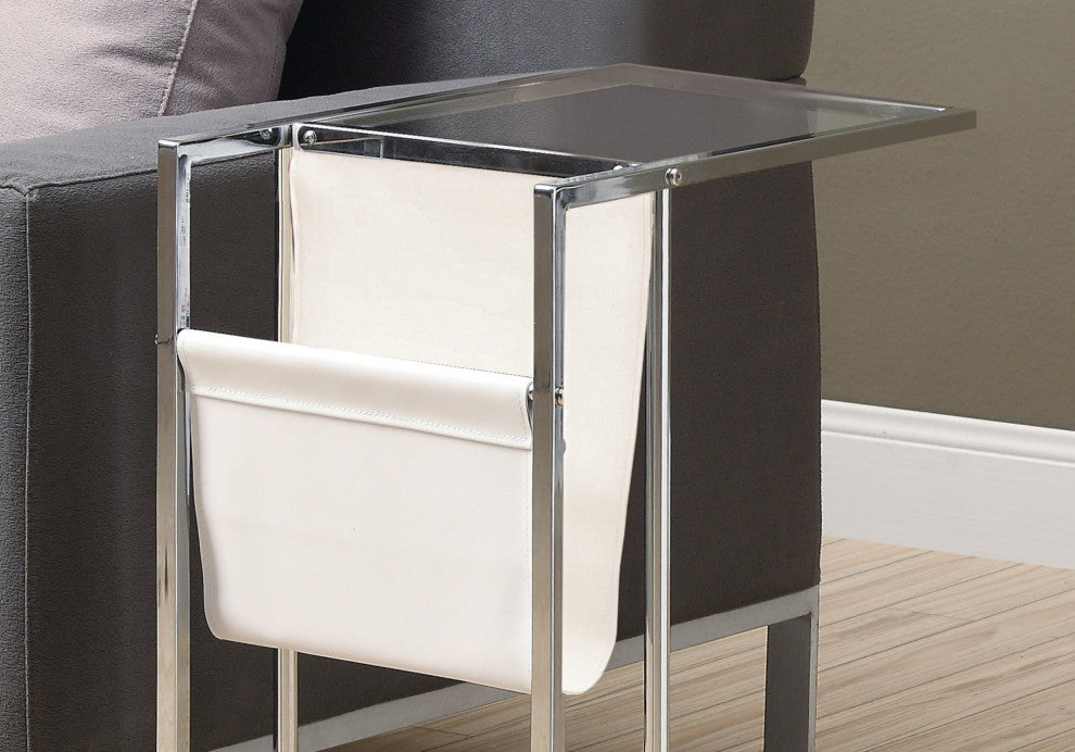 HomeRoots 19.5" x 12" x 24" Chrome Tempered Glass Leather Look Accent Table