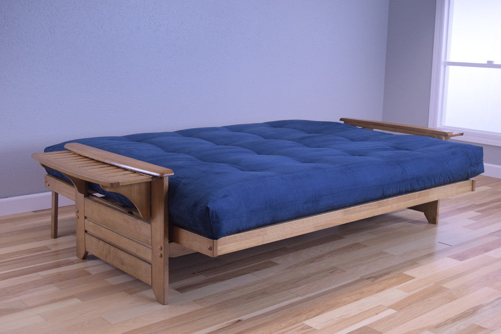 Mesa Frame Queen Futon With Butternut Finish, Suede Blue