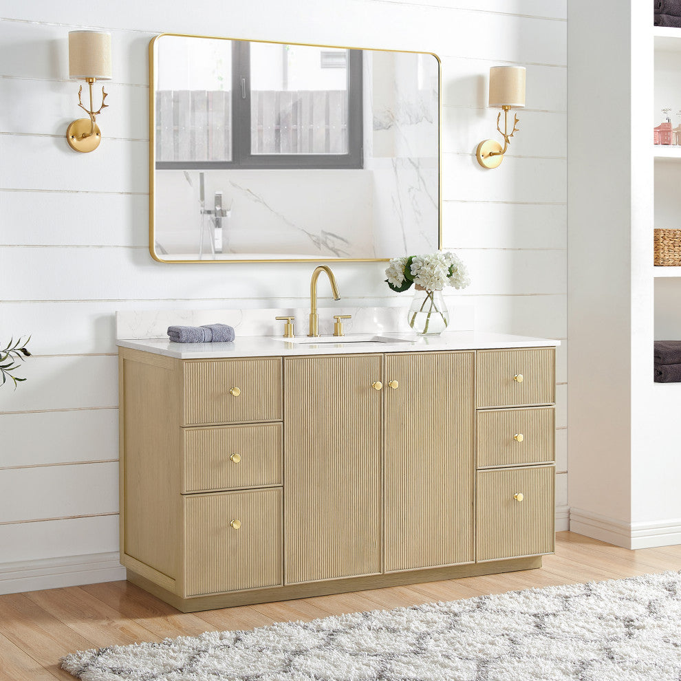 Oza Bath Vanity with Quartz Stone Top, Aged Natural Oak, 60", Single Vanity, No Mirror