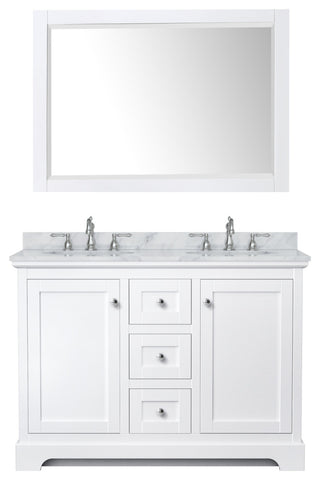 48" Double Vanity in White, White Marble Countertop, UM Oval Sinks, 46" Mirror