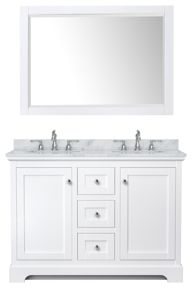 48" Double Vanity in White, White Marble Countertop, UM Oval Sinks, 46" Mirror
