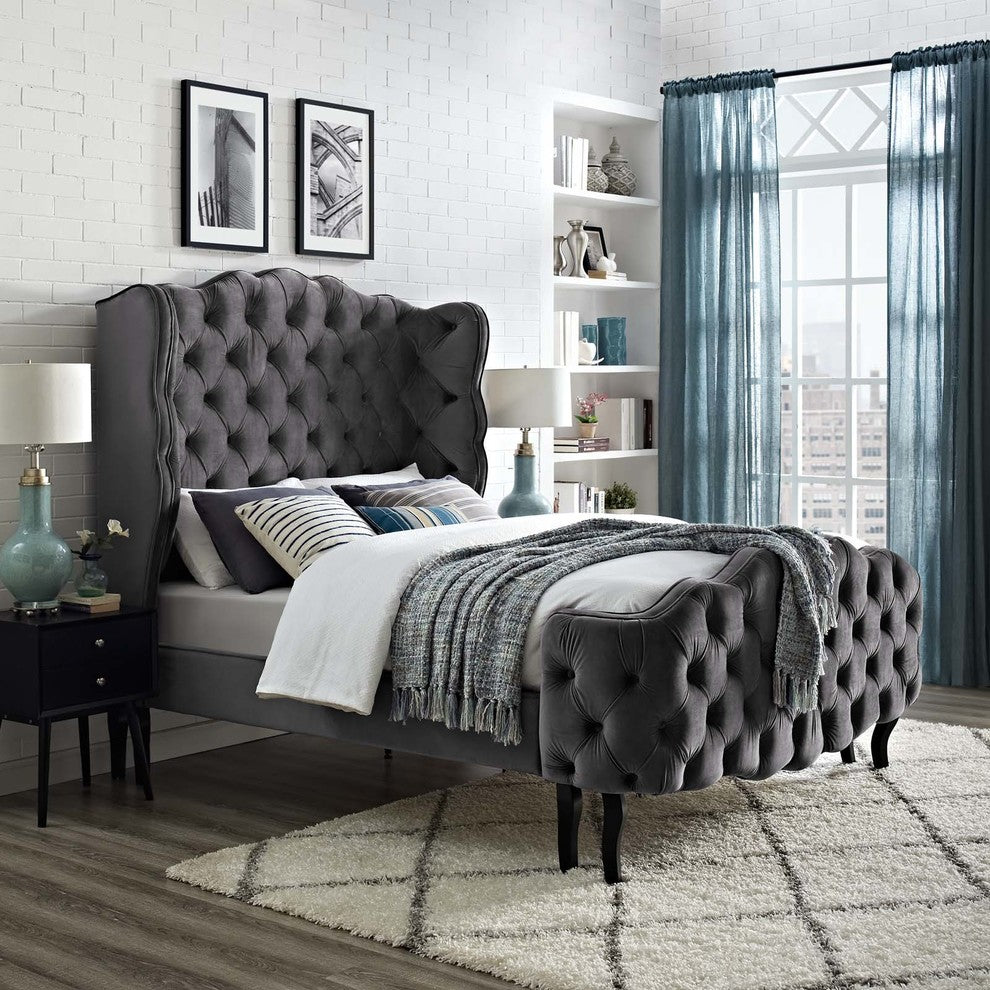 Violette Queen Tufted Wingback Performance Velvet Platform Bed, Gray