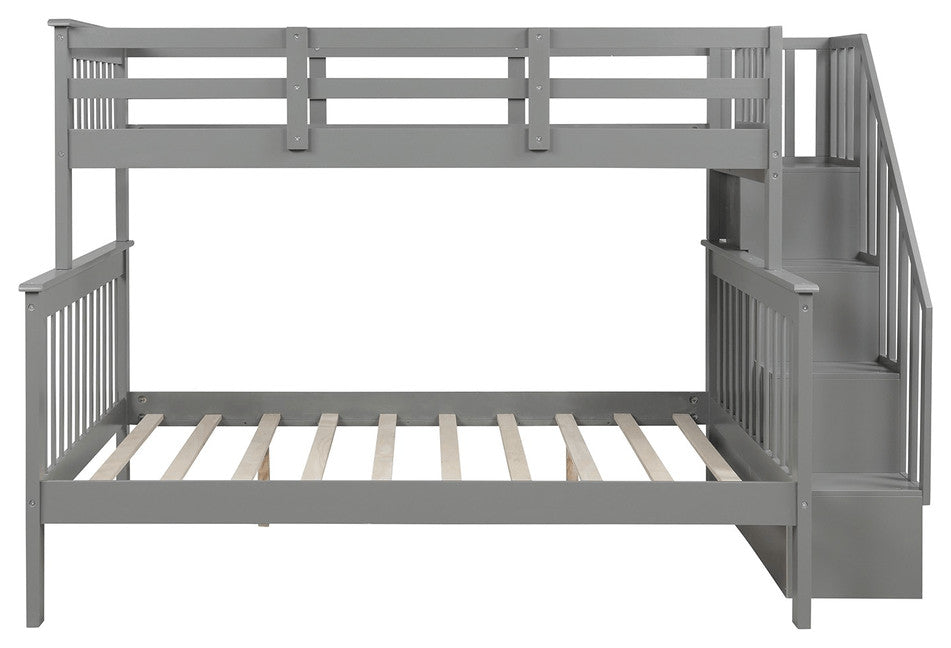 Gray Twin Over Full Contemporary Bunk Bed With Stairs And Shelves