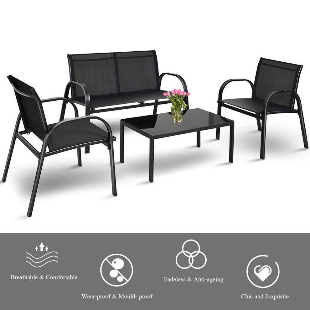 Costway 4 PCS Patio Furniture Set Sofa Coffee Table Steel Frame Garden Black