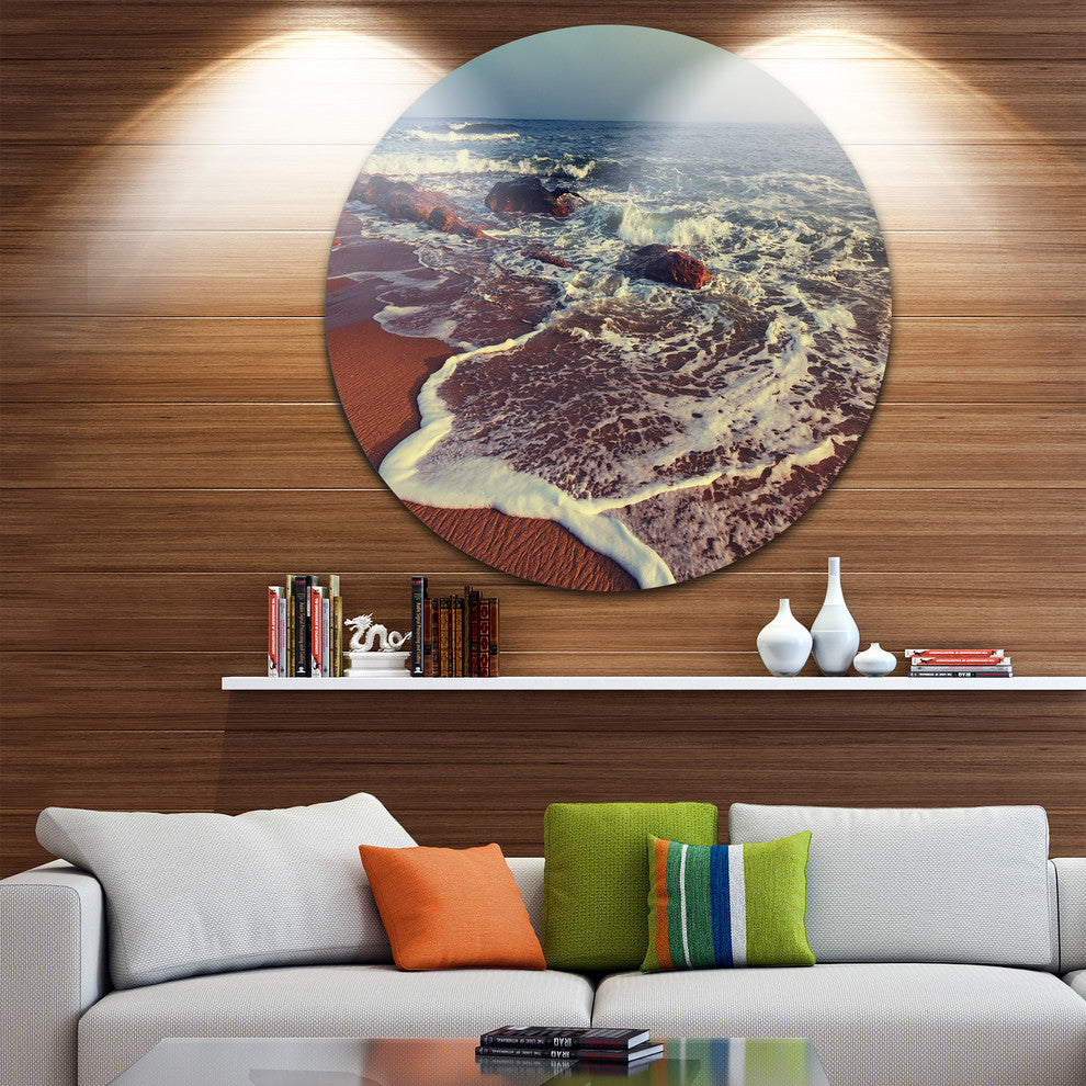 Foaming Waves Kissing Wide Beach, Seashore Disc Metal Artwork, 36"