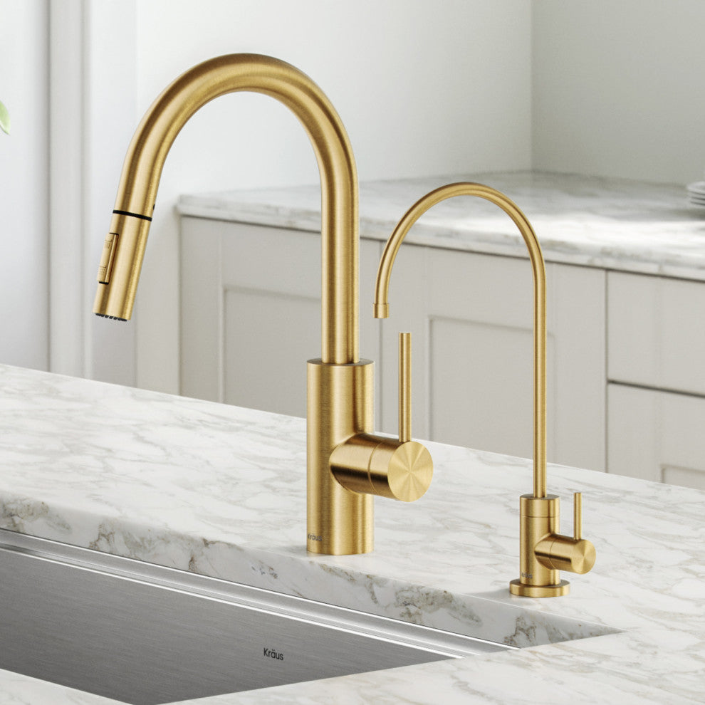 Oletto Pull-Down 1-Hole Kitchen Faucet, Brushed Brass, Water Dispenser Ff-100
