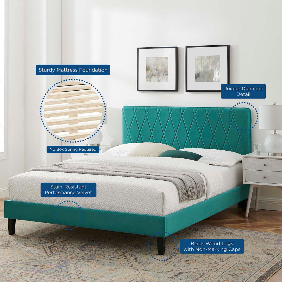 Platform Bed Frame, King Size, Velvet, Teal Blue, Modern Contemporary, Bedroom