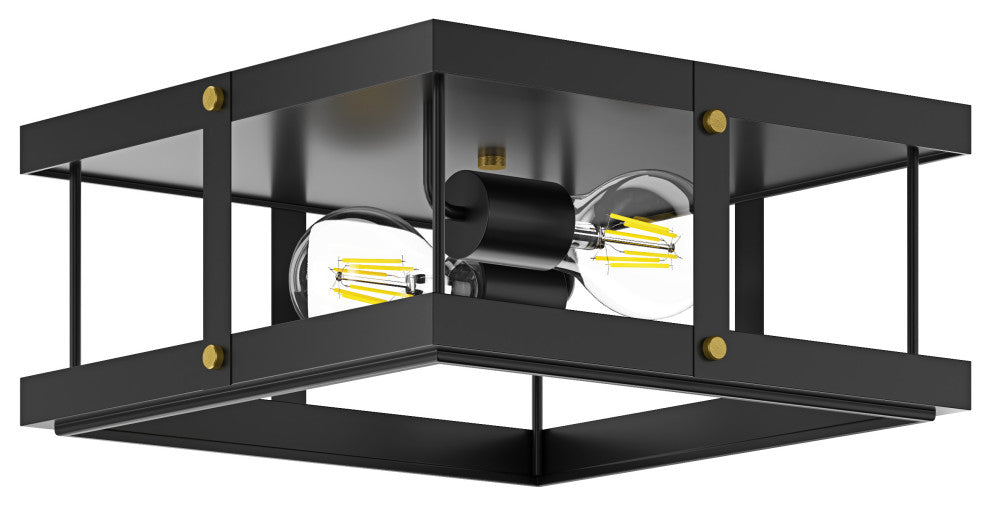 Industrial Black 2-Light Rectangle Iron Frame Flush Mount Ceiling Light