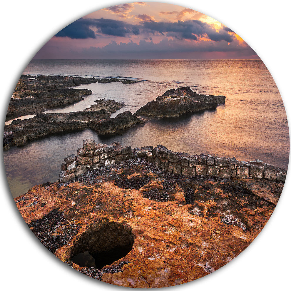 Ancient Ruins On Beach Sunset, Beach Disc Metal Wall Art, 23"