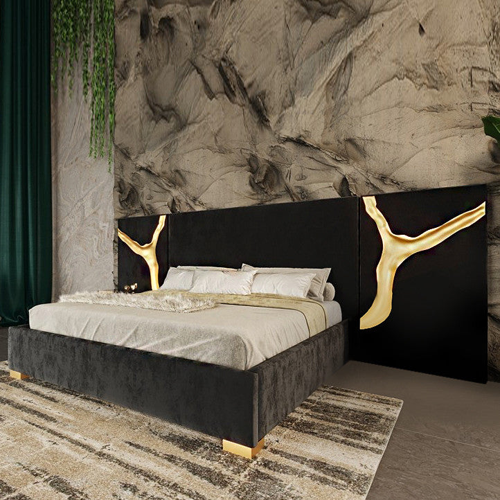 Piaz Headboard Bed, Glam Luxe Gold Eastern King Bed Black Velvet