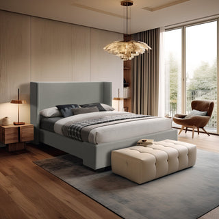 Oxford Linen Textured Fabric Upholstered Bed, Gray, Queen