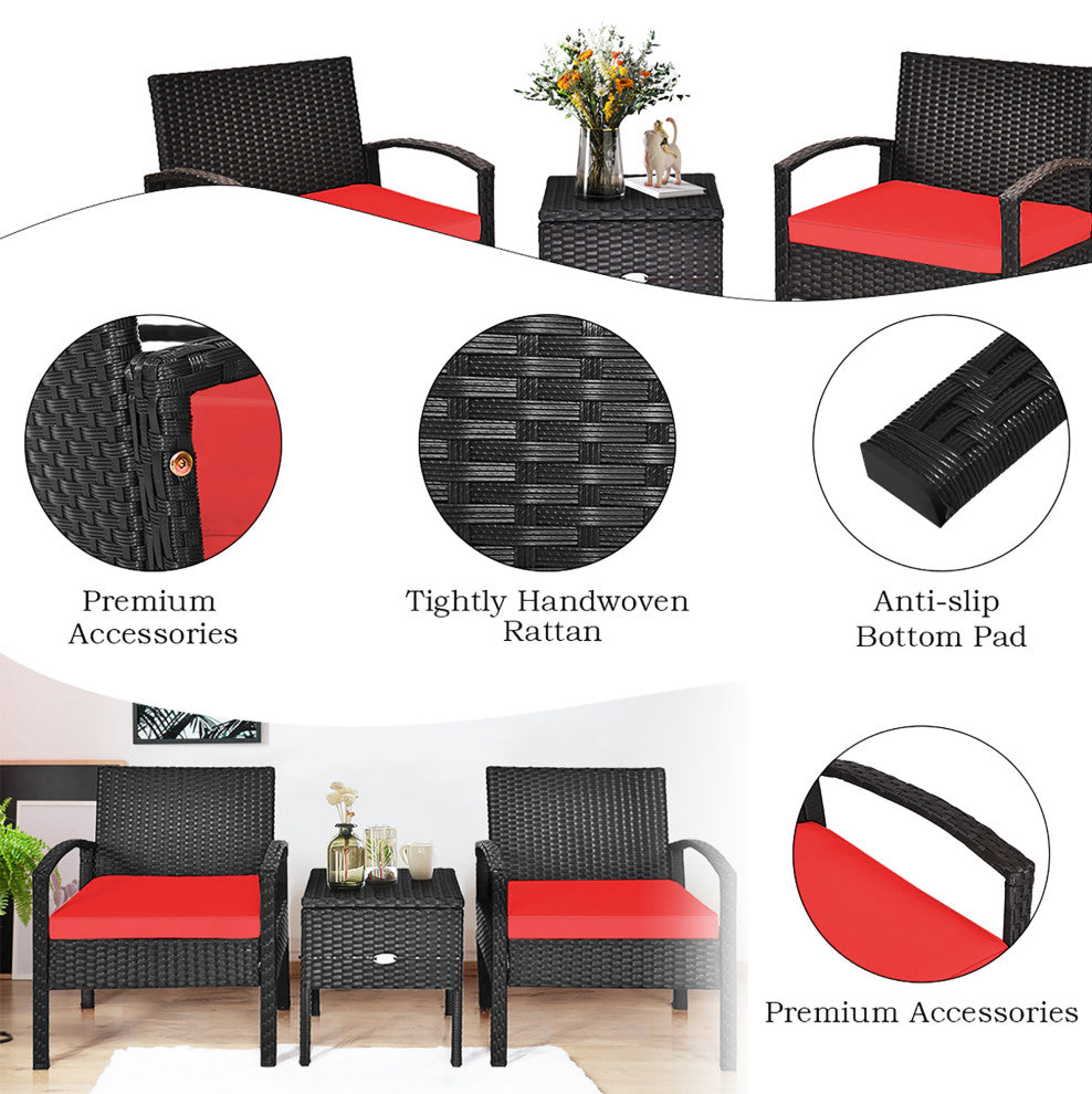 Costway 3PCS Patio Rattan Furniture Set Storage Table Cushioned Sofa Deck Red