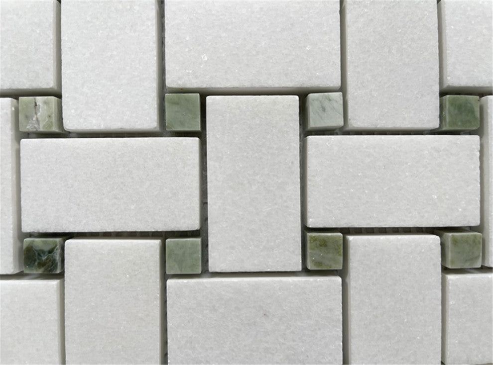 Thassos White Marble 1x2 Basketweave Mosaic Tile / Green Dots Polished, 1 sheet