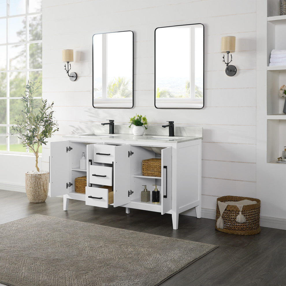 Laurel Bathroom Vanity with Calacatta White Quartz Stone Countertop, White, 60", With Mirror