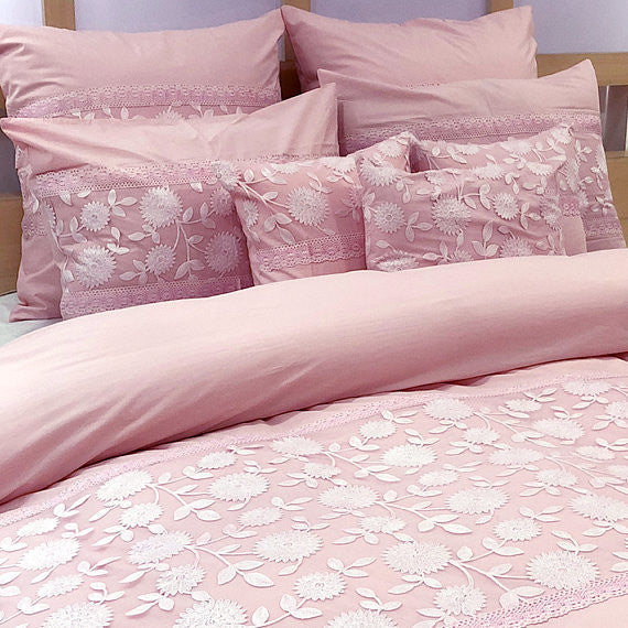 Queen Duvet Cover 3 Pc set in Soft Pink Cotton, Lace Embroidery, Pink, Lace