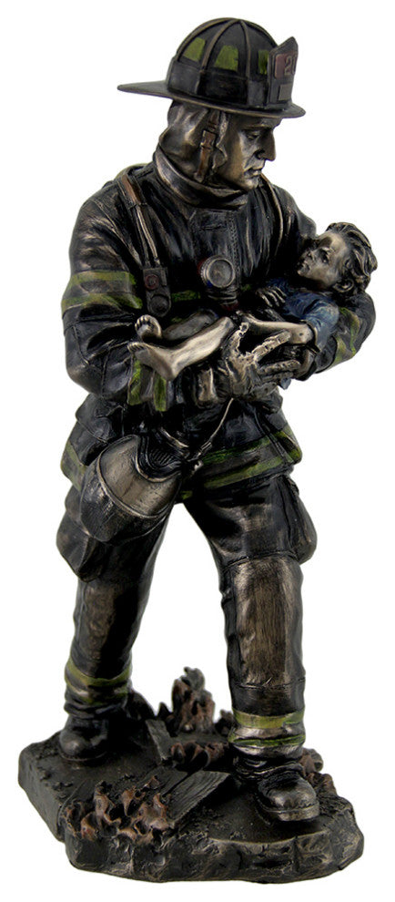 Firefighter Carrying Child Metallic Bronze Statue 11 Inches Tall