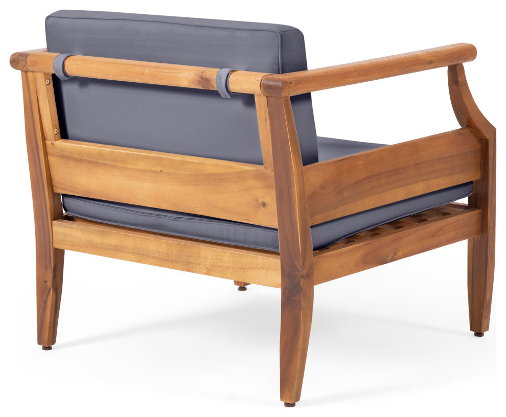 Bianca Outdoor Acacia Wood Club Chairs with Cushions, Teak + Dark Gray, Single