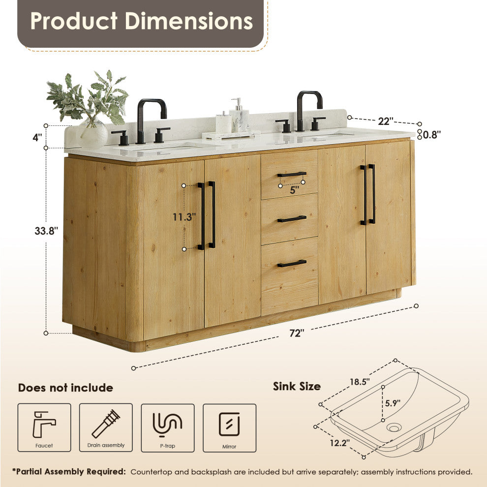 Serene Bathroom Vanity, Nature Brown, 72", No Mirror