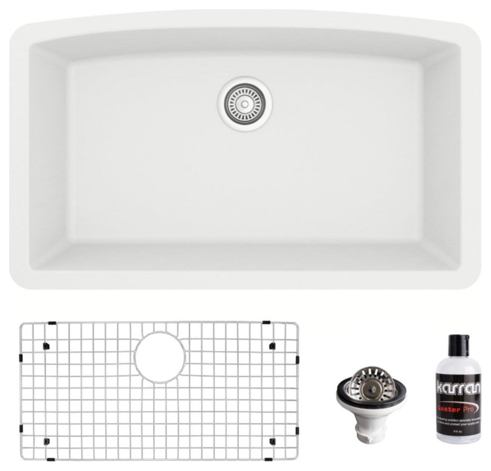 Karran Undermount Quartz 32" Single Bowl Kitchen Sink Kit, White