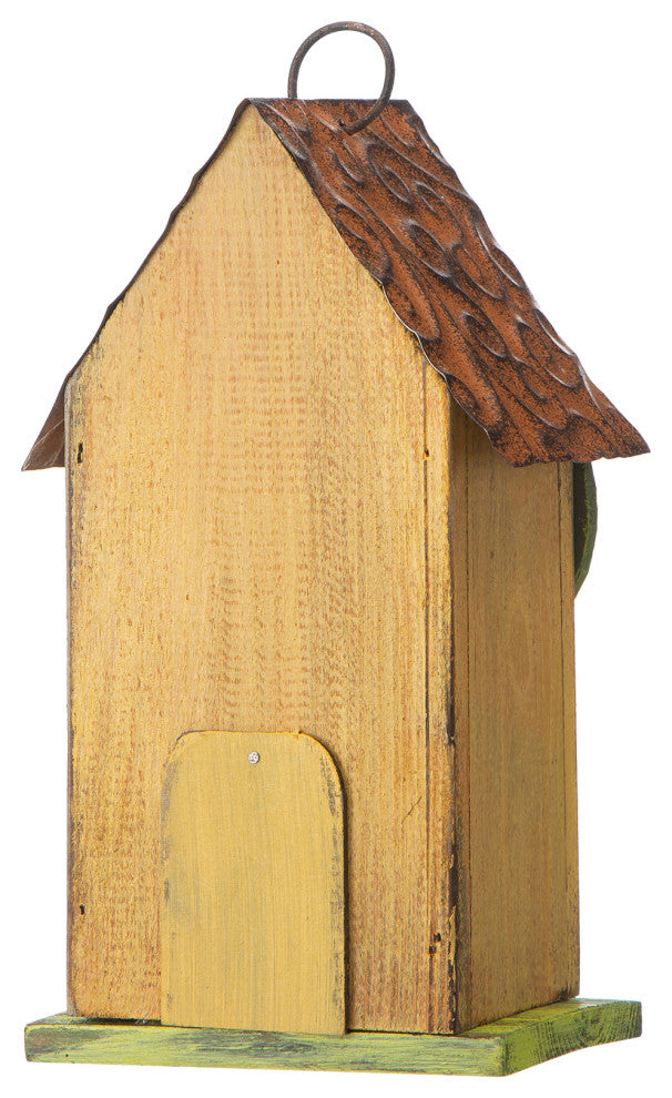 9.75"H Washed Yellow Distressed Solid Wood Birdhouse With 3D Tree and Bird
