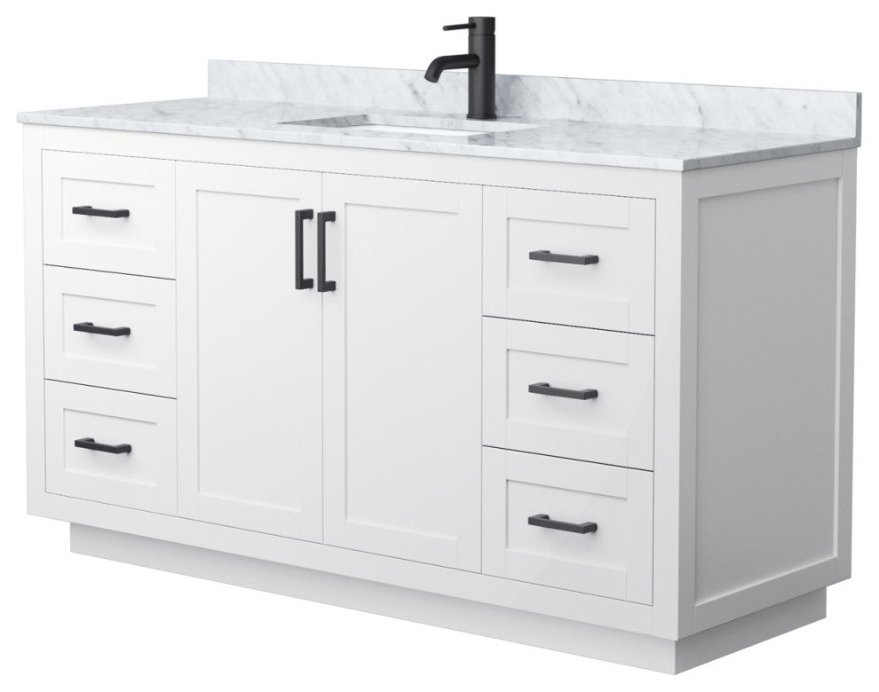 60" Single Bathroom Vanity, White, White Carrara Countertop, Sink, Black Trim