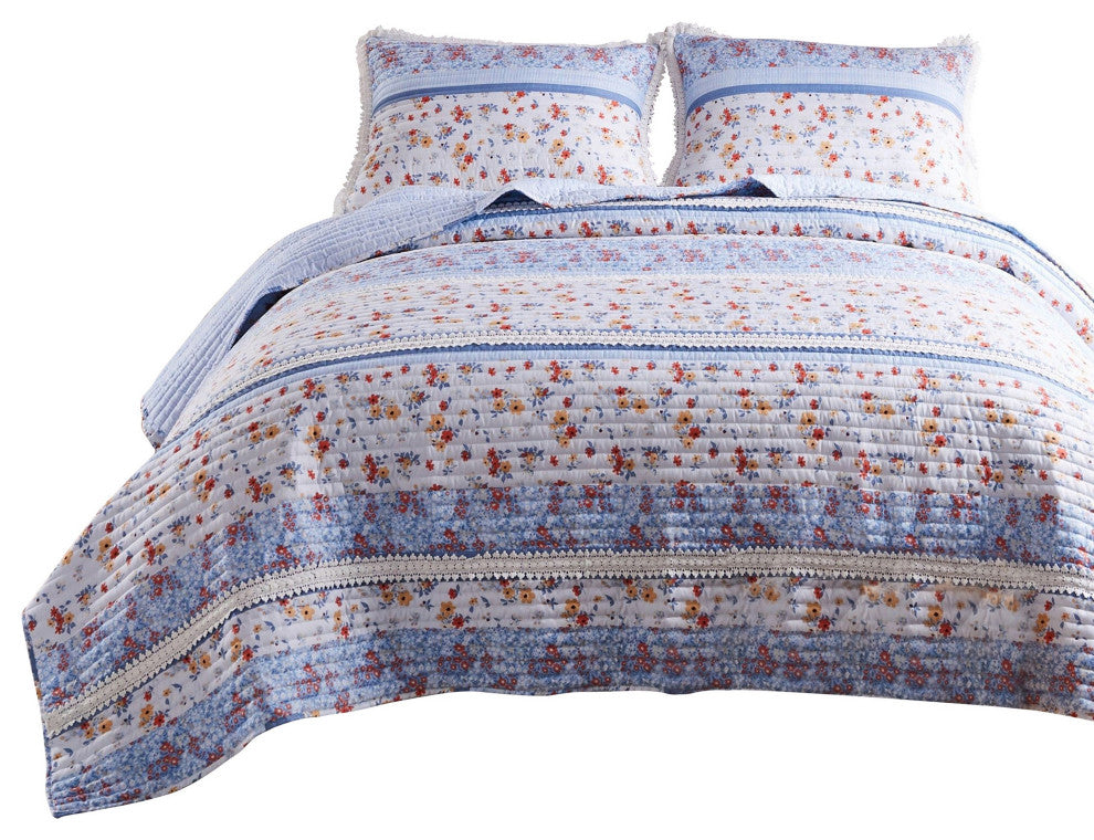 Benzara BM282009 Microfiber King Quilt Set, Floral Print, Lace Trim, Multicolor