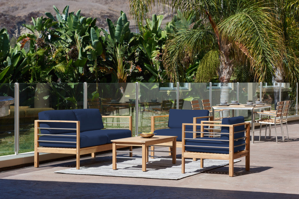 SoHo 4-Piece Teak Outdoor Patio Deep Seating Set with Sunbrella Navy Cushions
