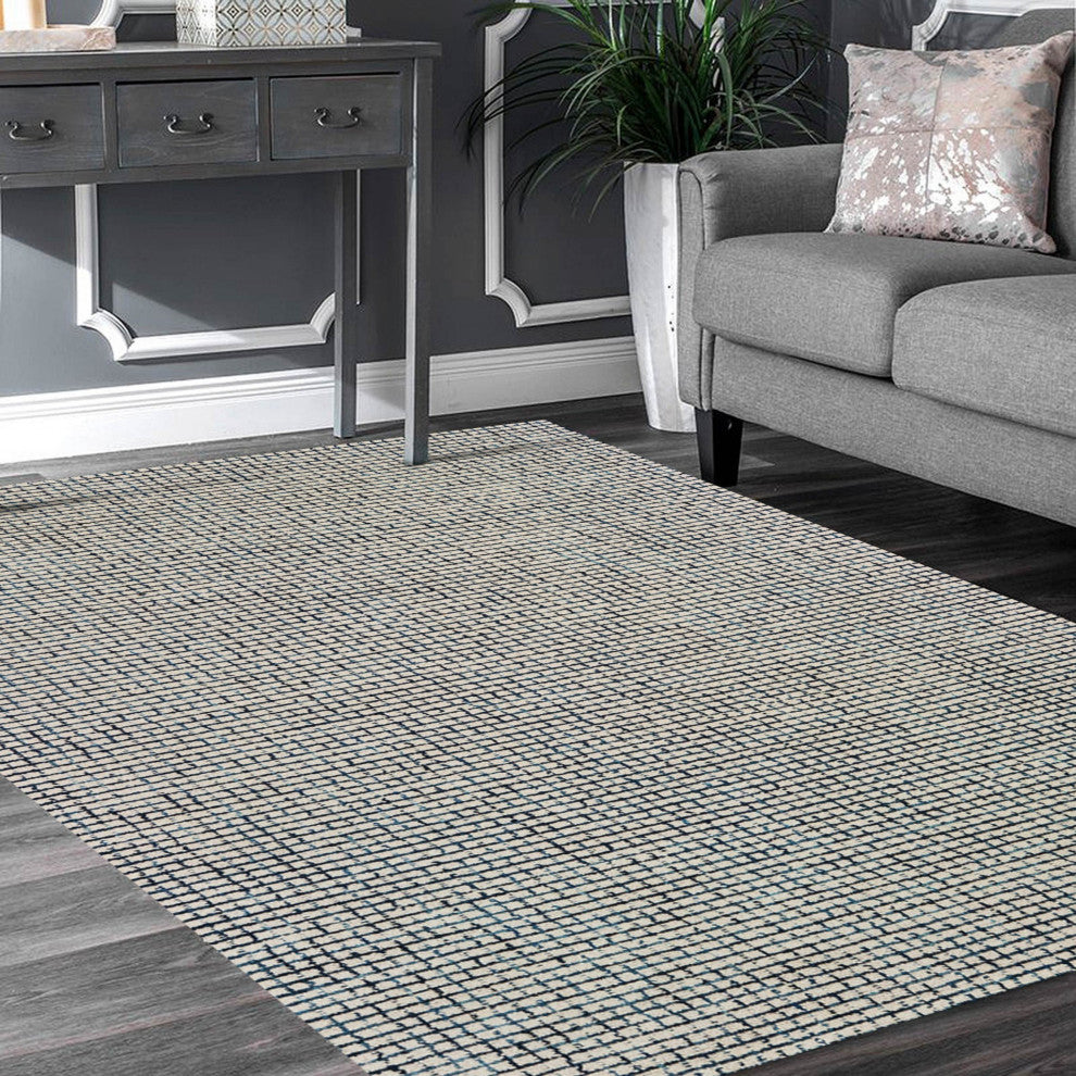 8" x 10" Navy and Ivory Grids Area Rug