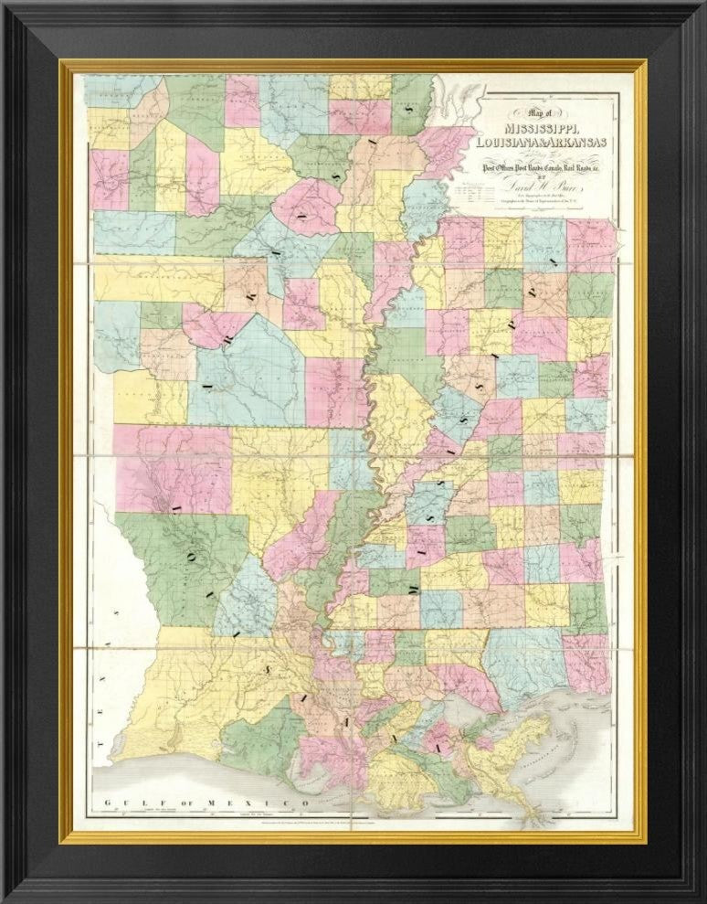 "Map of Mississippi, Louisiana and Arkansas, 1839"  by David H. Burr, 21x26"