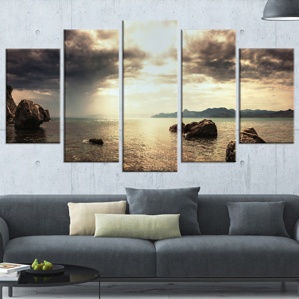 "Rocky Seashore Under Clouds Panorama" Modern Beach Wall Art, 5 Panels, 60"x32"